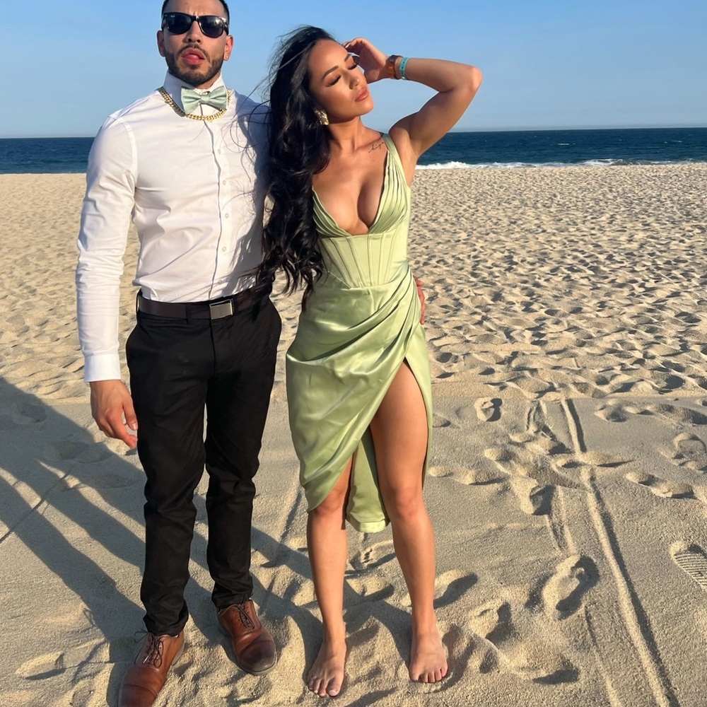 HOUSE OF CB “Faye” Pistachio Satin Corset Midi Dress